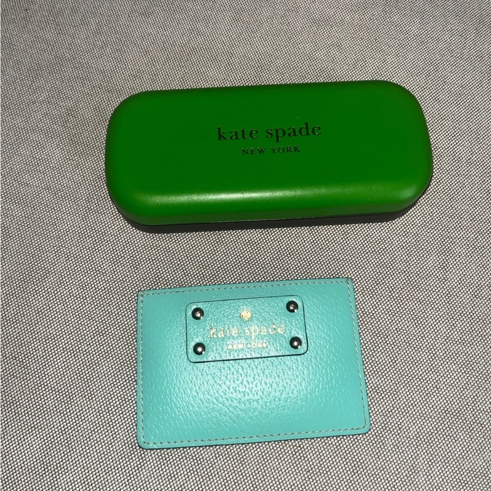 kate spade turquoise cardholder with green sunglass case